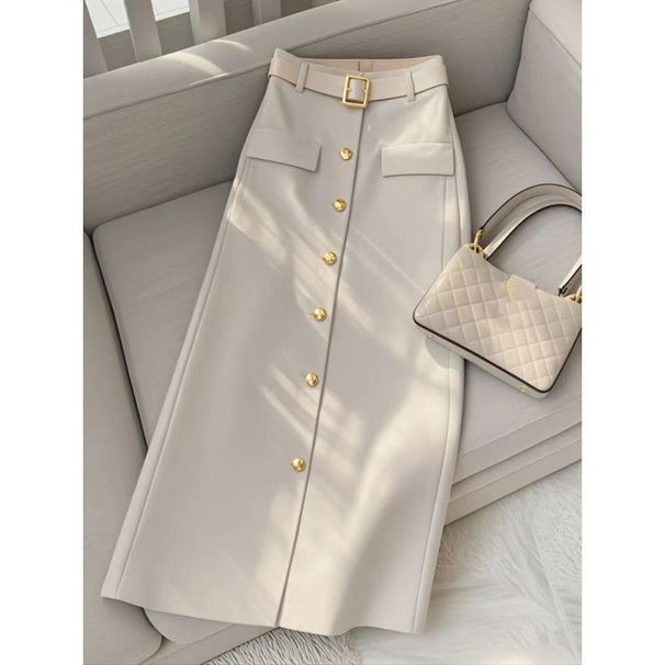 Gonna midi beige a trapezio per donna 2024 nuovo stile alla moda e sofisticato temperamento gonna lunga a forma di pera_voghion.com