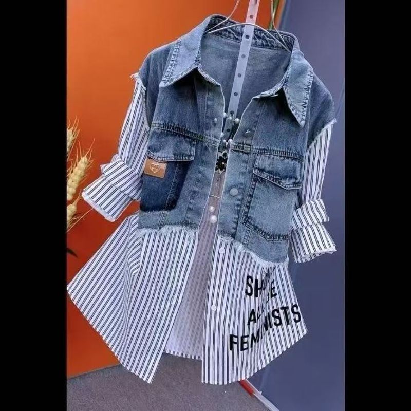 Vintage Denim Jacket With Striped Shirt Vest, Oversized Loose Fit, Long Sleeve, Polo Collar, Casual Layered Look For Women_voghion.com