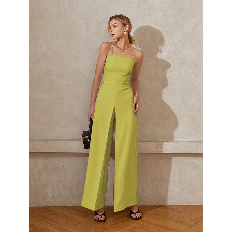 Hochwertige, modische, vielseitige, einfarbige, taillenbetonte Hosenträger-Overalls mit weitem Bein für Damen_voghion.com