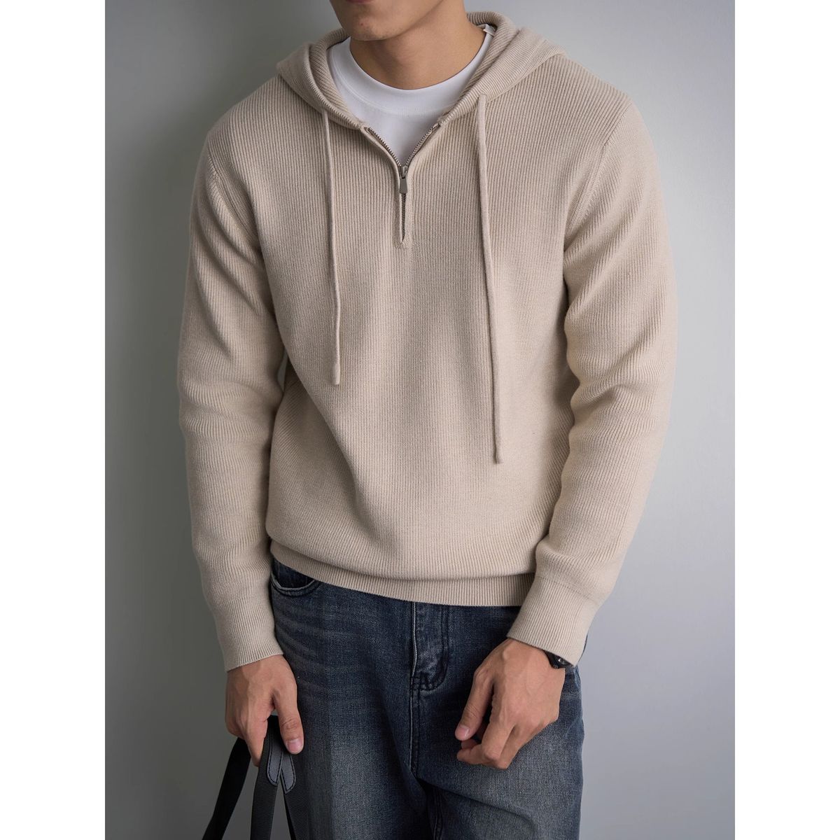 Neuer hochwertiger Kapuzenpullover für Herren im Herbst und Winter, lässige Mode, Strickpullover mit halbem Reißverschluss_voghion.com