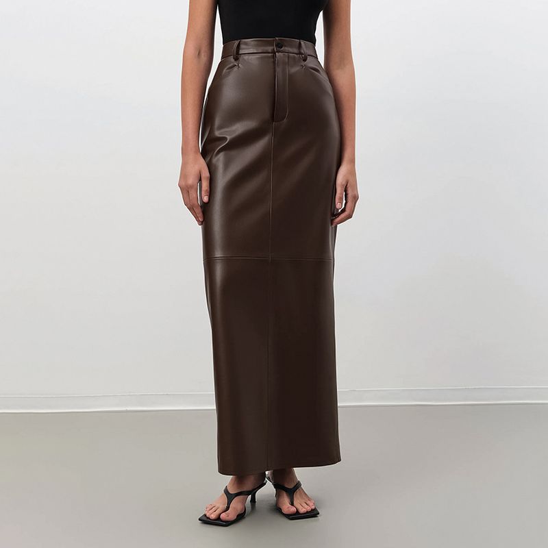 Damen plus Fleece-Leder, hohe Taille, schmaler, gerader Rock, Lederrock mit Retro-Sexy-Split-Halbrock_voghion.com