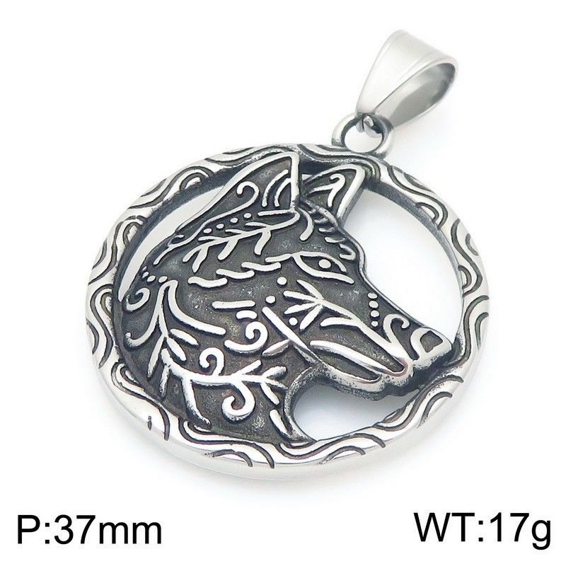 Collana personalizzata con grafica bifacciale a forma di animale, ciondolo da uomo in acciaio inossidabile con testa di lupo vichingo, stile retrò, rotondo e vecchio marchio._voghion.com