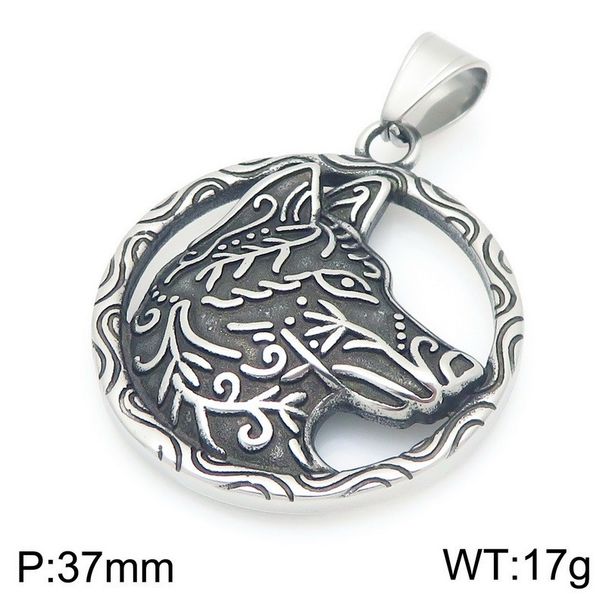 Collana personalizzata con grafica bifacciale a forma di animale, ciondolo da uomo in acciaio inossidabile con testa di lupo vichingo, stile retrò, rotondo e vecchio marchio._voghion.com