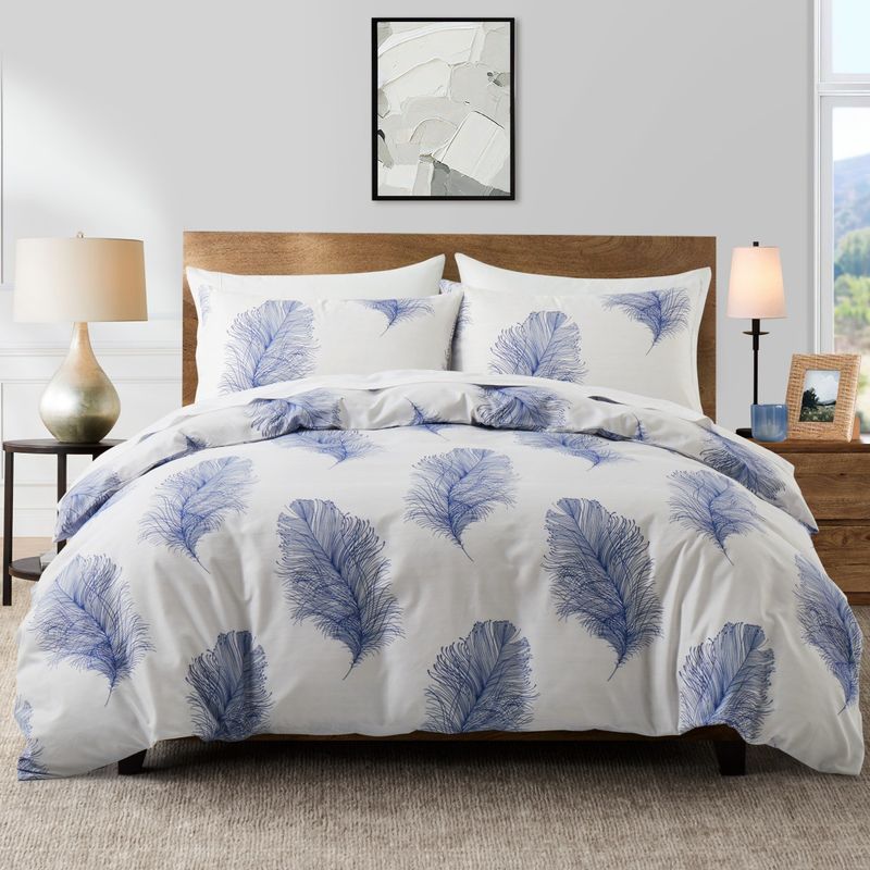 Blue Feather Quilt Cover Duvet Cover Bohemian Three Piece Bedding Set_voghion.com