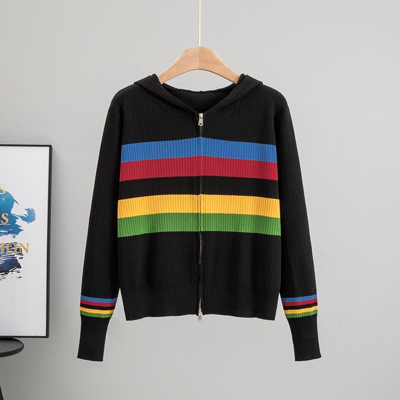 Zip-Up Hooded Knit Cardigan – Striped Cropped Sweater With Ribbed Cuffs (Viscose, One Size Fits Most)​_voghion.com