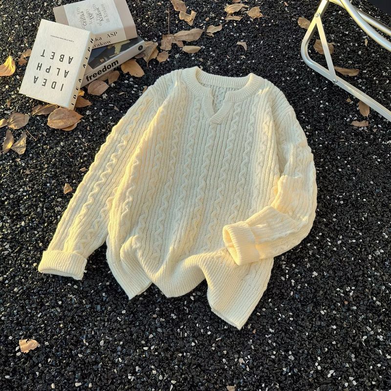 Retro Loose Knit Sweater For Men - Casual Comfort Pullover With Jacquard Pattern, Warm Winter Oversized Crewneck Top For Teens​_voghion.com