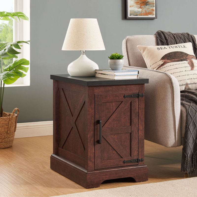 Farmhouse End Table Nightstand Rectangular Farmhouse End Table With Barn Door And Adjustable Storage Shelf, Rustic Sofa Side Table For Living Room, Bedroom_voghion.com
