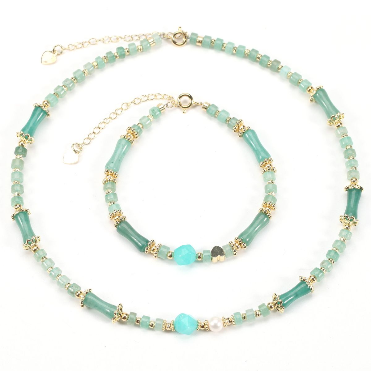 Zoetwaterparel Bamboe Groene Aventurijn Natuursteen Armband Ketting Set Vrouwelijk_voghion.com
