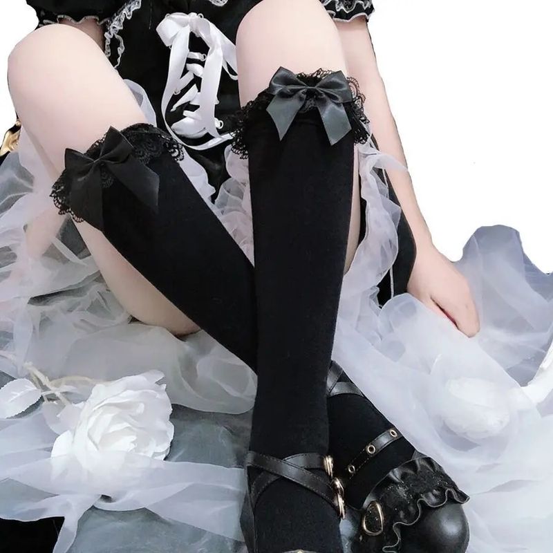 Lace Stockings Bow Knot Female Long Lolita Soft Sister Jk Uniform Knee Student Cute JK Socks_voghion.com