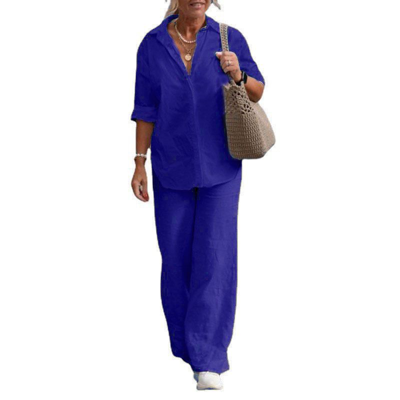 Set da due pezzi da donna, camicia a maniche lunghe con risvolto, pantaloni casual in tinta unita, primavera e autunno, tuta a gamba larga_voghion.com