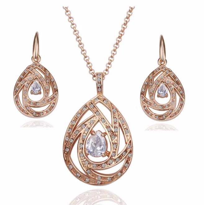 Collane con ciondolo a goccia in cristallo austriaco placcato oro rosa 18 carati, orecchini pendenti, set di gioielli da donna alla moda_voghion.com