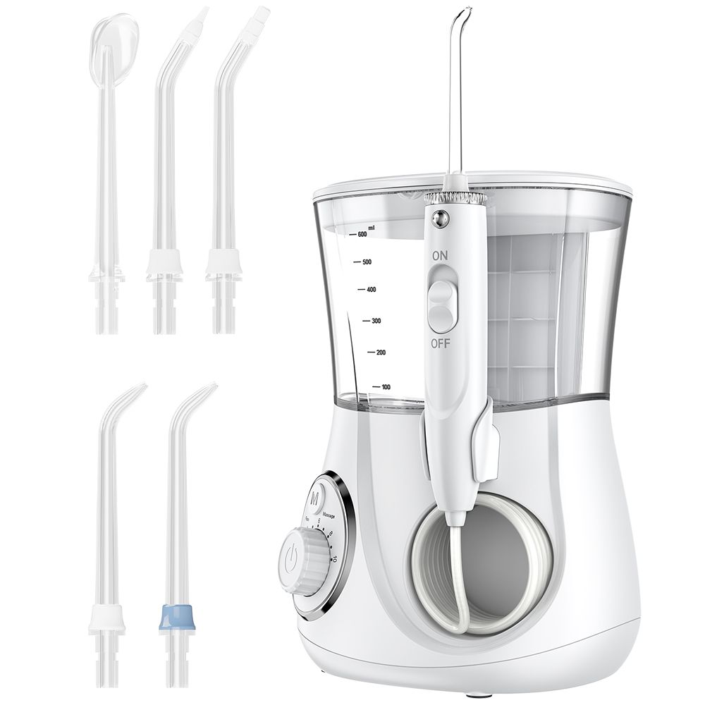 Idropulsore orale con filo interdentale, capacità 600 ml, igiene dentale, pulitrice elettrica per denti - 2 modalità, 10 impostazioni di pressione e 5 punte di ricambio_voghion.com