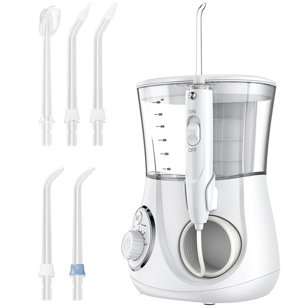 Idropulsore orale con filo interdentale, capacità 600 ml, igiene dentale, pulitrice elettrica per denti - 2 modalità, 10 impostazioni di pressione e 5 punte di ricambio_voghion.com