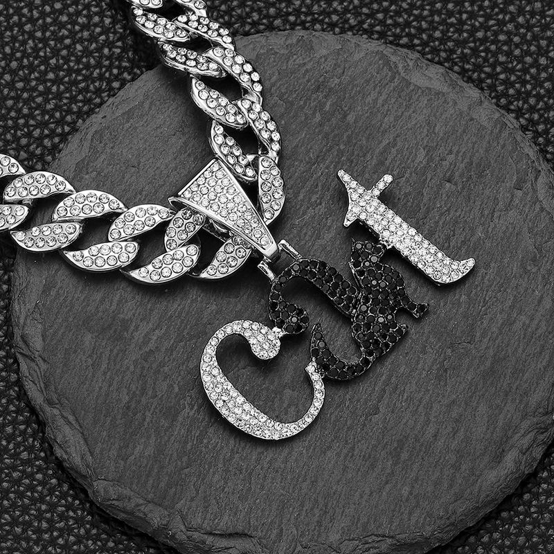 Men’s Jewelry Set Fashion Hip Hop Full Diamond Creative Letter Cat Animal Pendant Cuban Necklace Men's Cool Trend Hip Hop Accessories_voghion.com