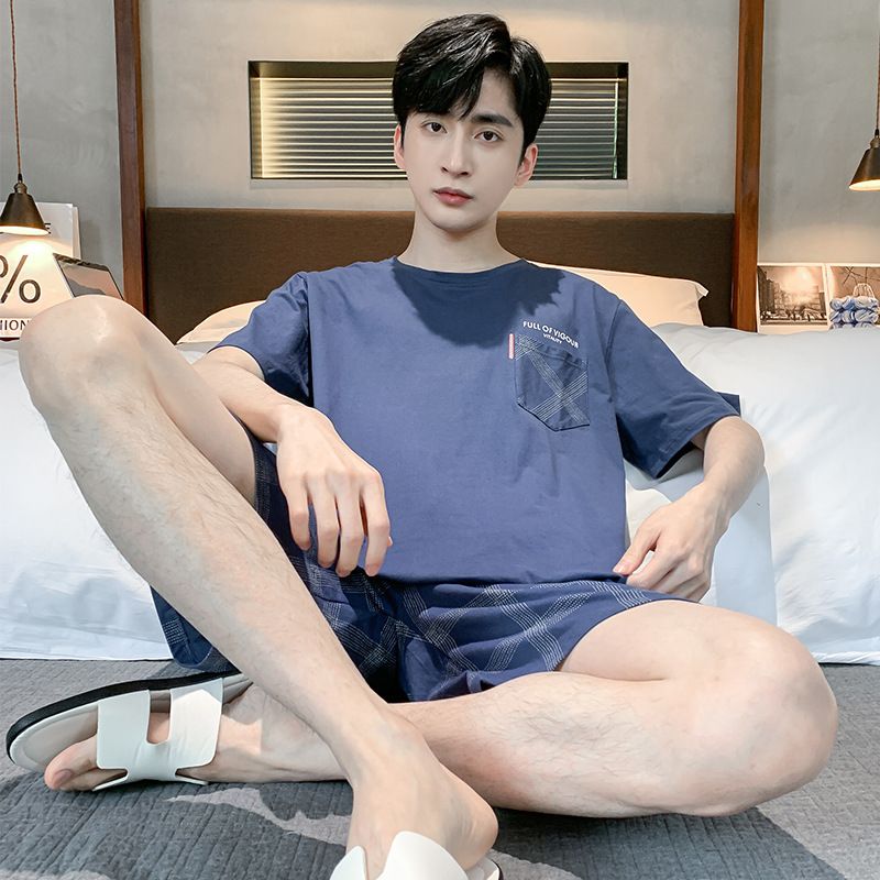 Teen-Approved Summer Style: Men’s Cotton Thin Short-Sleeved Shorts Pajamas Set - Perfect Loungewear For Warm Days, Large Sizes_voghion.com