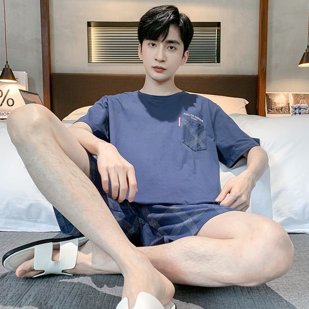 Teen-Approved Summer Style: Men’s Cotton Thin Short-Sleeved Shorts Pajamas Set - Perfect Loungewear For Warm Days, Large Sizes_voghion.com
