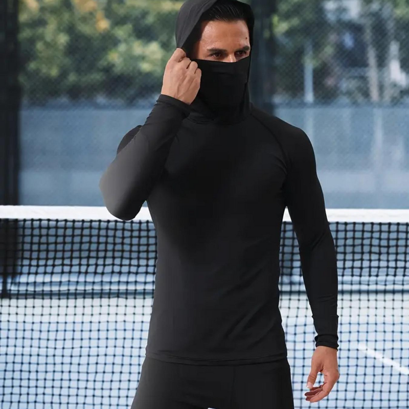 Herrenbekleidung Outdoor-Sport Hochelastisch Schnelltrocknend Radtraining Enges Langarm-Sweatshirt mit hohem Kragen und Kapuze_voghion.com