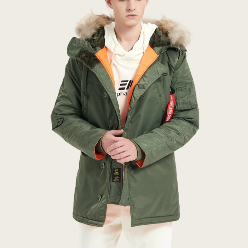 Parka de penas de pato, casaco de inverno impermeável e à prova de vento com capuz, jaqueta térmica quente para clima frio extremo (-30 °C a -15 °C), verde militar/preto/azul-marinho_voghion.com