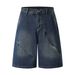Herenkleding Denim Shorts met Ritssluiting, Losse Retro Versleten Blauwe Rechte Shorts_voghion.com