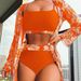 2025 New Maple Leaf Print Long Sleeve Patchwork Bikini Three-Piece Set High Waist Swimsuit For Women_voghion.com