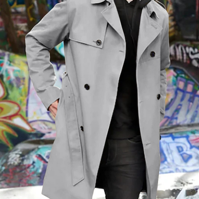 Ensfarvet langærmet trenchcoat herre revers slank dobbeltradet casual frakke_voghion.com
