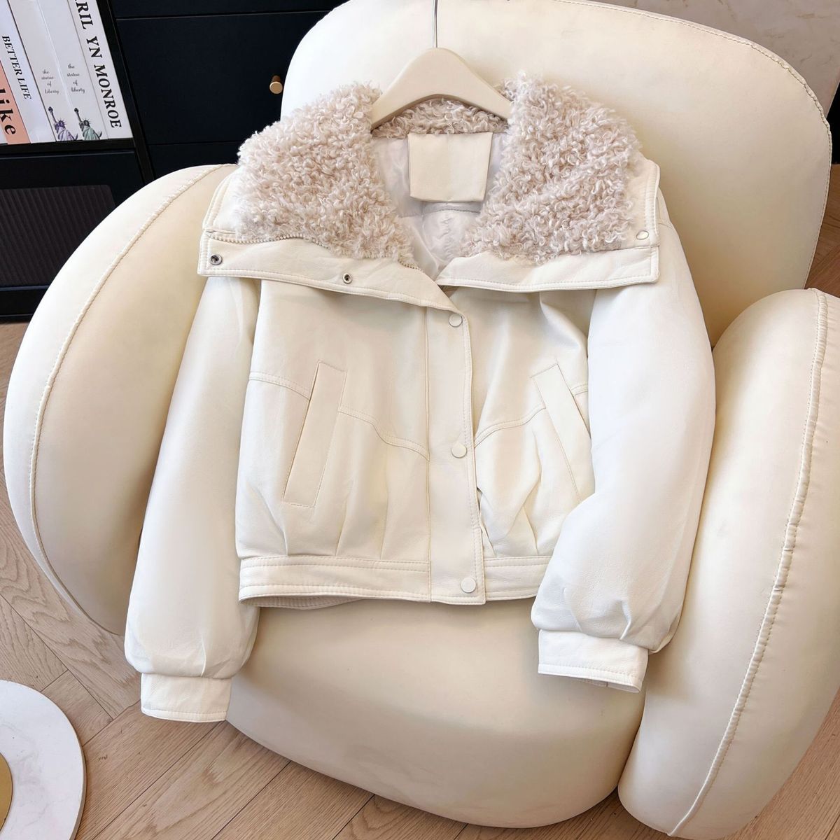 Lamb-Like Faux Shearling Collar PU Leather Jacket - Winter Cozy Oversized Coat For Women, Warm Polyester Filling, Casual & Office Style_voghion.com