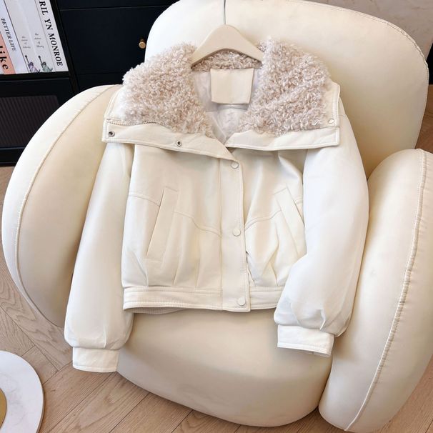 Lamb-Like Faux Shearling Collar PU Leather Jacket - Winter Cozy Oversized Coat For Women, Warm Polyester Filling, Casual & Office Style_voghion.com