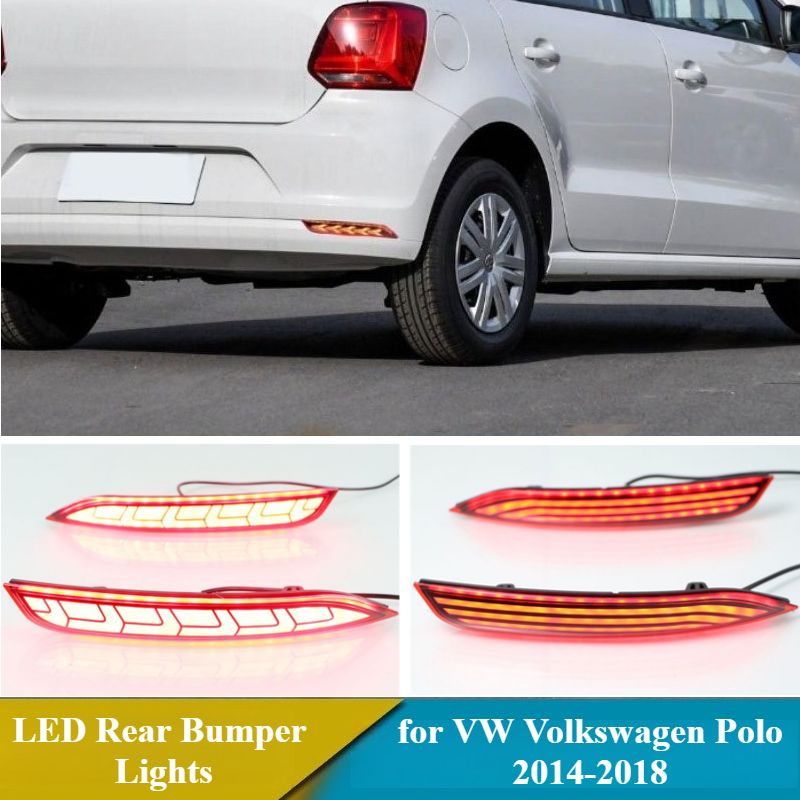 for VW Volkswagen Polo 2014 2015 2016 2017 2018 2Pcs Car Rear Fog Lamp Brake Light Dynamic Turn Signal Reflector LED Rear Bumper Lights_voghion.com