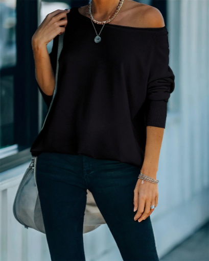 Women's off-the-shoulder solid color loose plus size line neck sweater_voghion.com