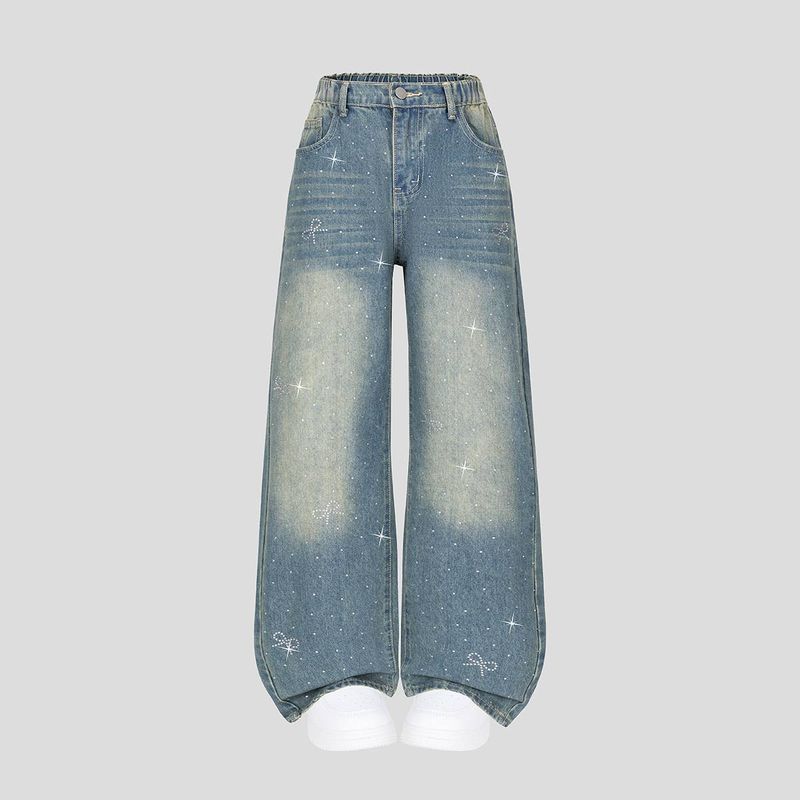 Girls' Glitter Jeans - Rhinestone Bow Embellished Denim | Vintage Wash Flared Pants_voghion.com
