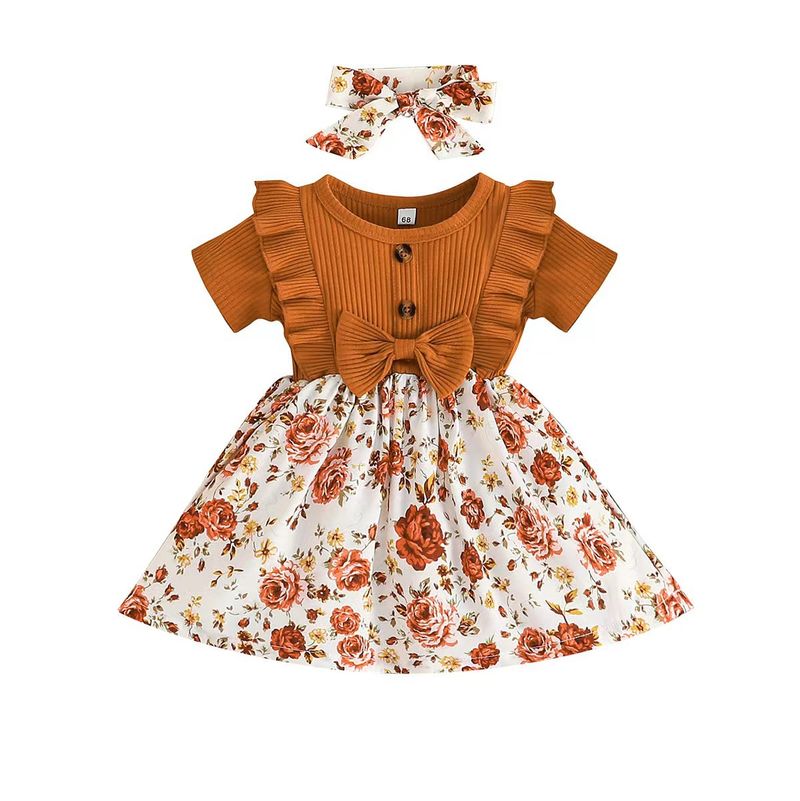 Moeder & Kinderen Zomer nieuwe stijl effen kleur geribbelde strik stiksels bloemenprint jurk hoofddoek Kinderen_voghion.com