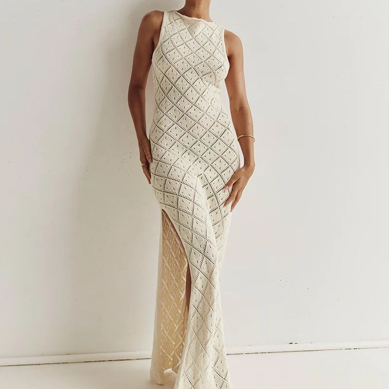 Robe sexy en tricot ajouré au crochet transparent pour femme jupe longue_voghion.com