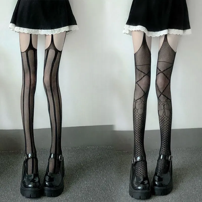 Hot girl JK summer internet celebrity ins knee high sexy black silk suspender pantyhose women gothic style fishing net_voghion.com