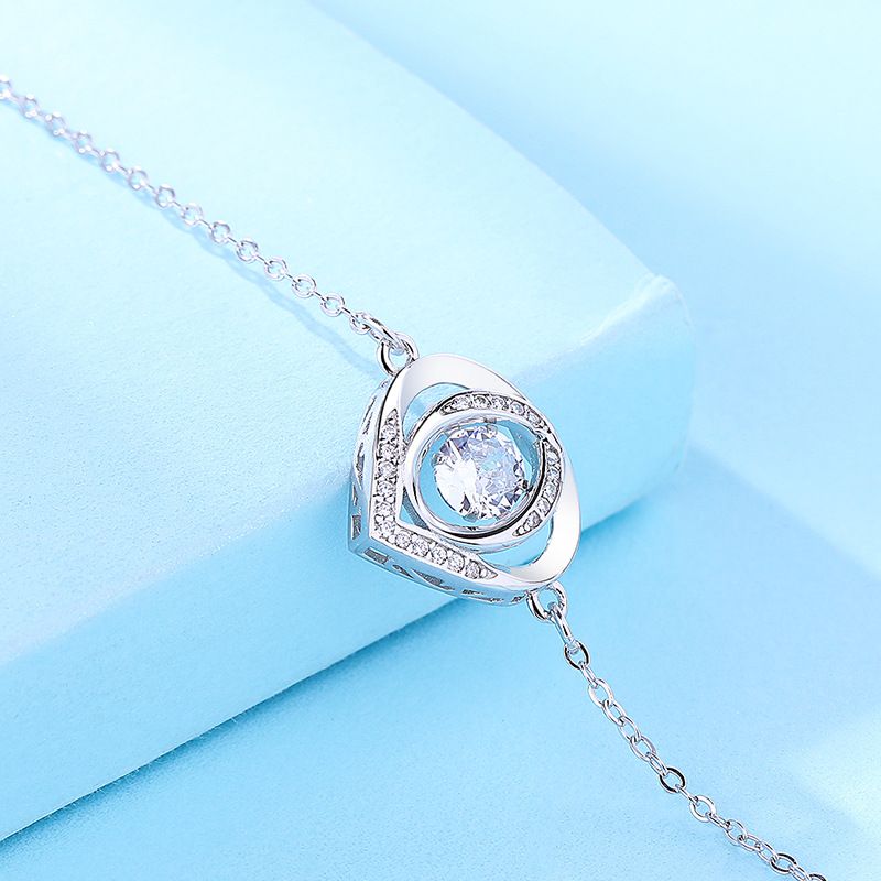 Gioielli da donna Bracciale in argento sterling S925 Bracciale con cuore blu che batte Ciondolo dell'amore intarsiato con diamante Semplice gioiello in argento sterling_voghion.com