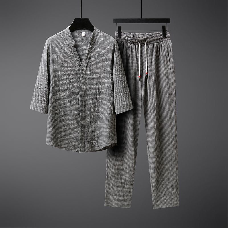 Men's Clothing for men in summer, ice silk Hanfu men's clothing, a set of handsome style men's clothing, cotton and linen short sleeves_voghion.com