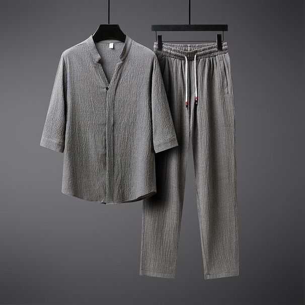 Men's Clothing for men in summer, ice silk Hanfu men's clothing, a set of handsome style men's clothing, cotton and linen short sleeves_voghion.com