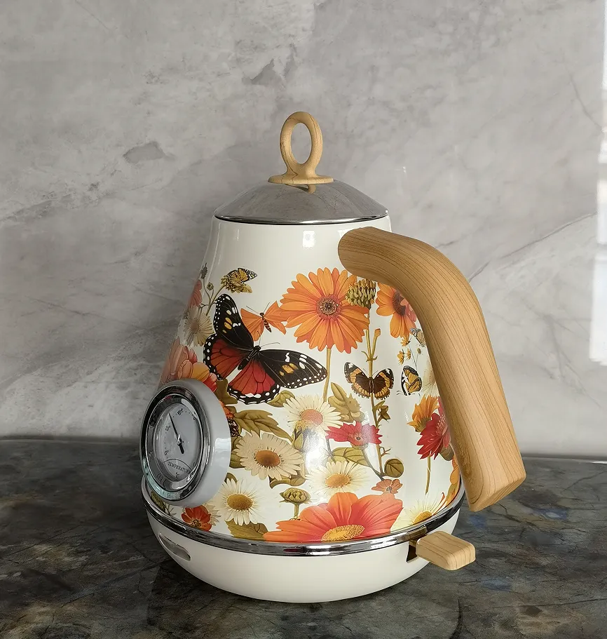 PS3013Ta Flower ūdenszīme krāsota elektriskā tējkanna retro instrumenta termometrs elektriskā tējkannas snīpis var pievienot ūdeni 1850W, lai ātri uzvārītu_voghion.com