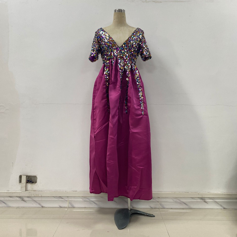 2024 Neues Damenkleid mit Pailletten, großem Saum, Schlitz und V-Ausschnitt, Bankett-Abendkleid_voghion.com