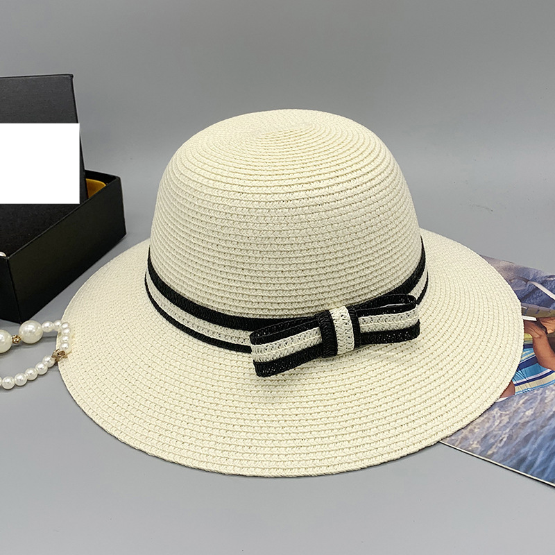 Collapsible warp knitted domed large eaves design female summer monochrome vacation sun protection straw hat_voghion.com