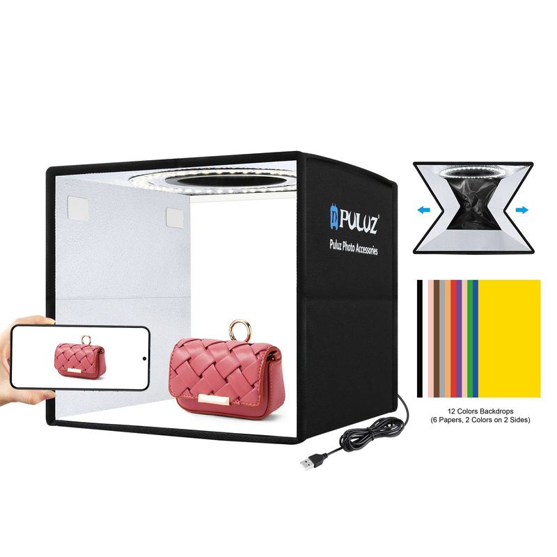 Anillo de luz portátil plegable PULUZ de 25 cm con alto índice de reproducción de color (CRI 97) para iluminación de estudio fotográfico, caja de tienda con 12 fondos de colores, tamaño: 25 cm x 25 cm x 25 cm (negro)_voghion.com