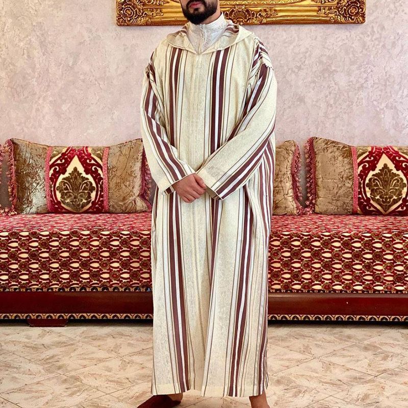 Men's Moslem Wish Ethnic Style Men's Long Shirt Casual Plain Beige Muslim Robe 1236520_voghion.com
