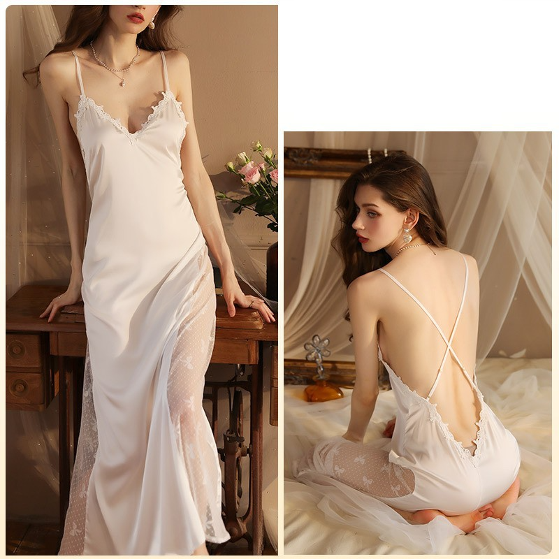 Ropa de dormir para mujer Camisón de seda de hielo sexy Bata de baño extra larga Pijama de mujer de manga larga Conjunto de ropa de hogar de satén fino para mujer_voghion.com