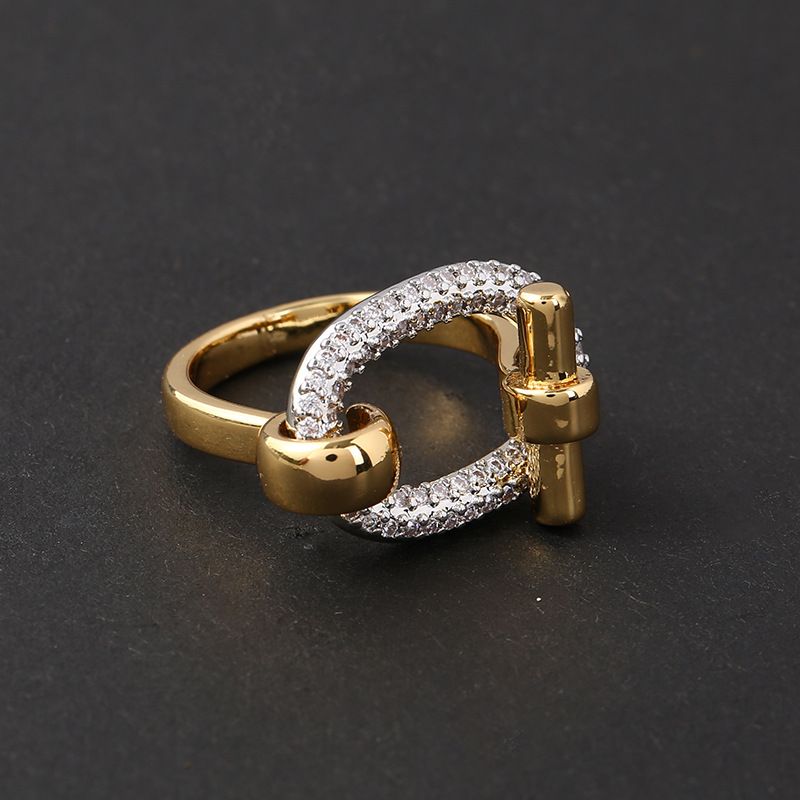 ins Frigid Wind Horseshoe Buckle Ring Full Diamond Zircon Ring Open Ring Fashion Commuter Ring Women_voghion.com