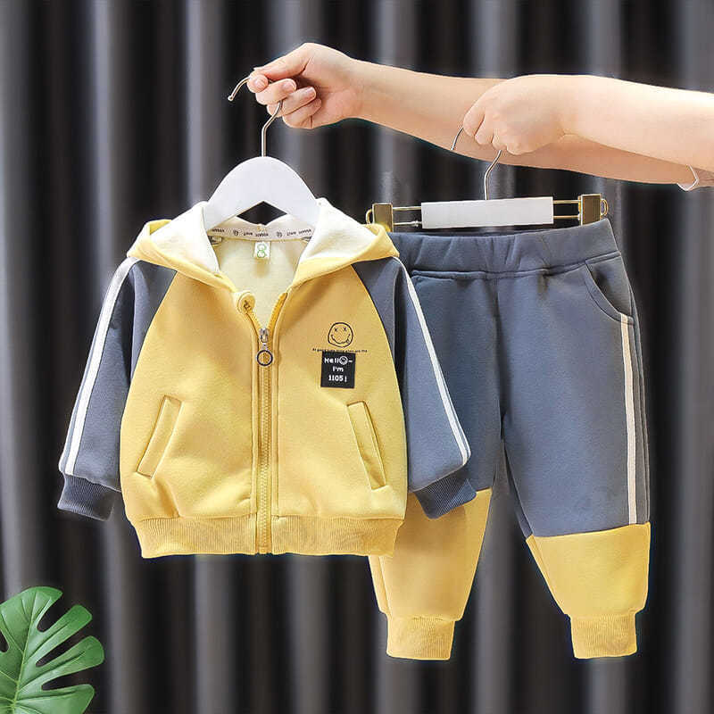 Boys' spring and autumn, children's plush sweater, baby hooded clothes, boys' set, two-piece_voghion.com