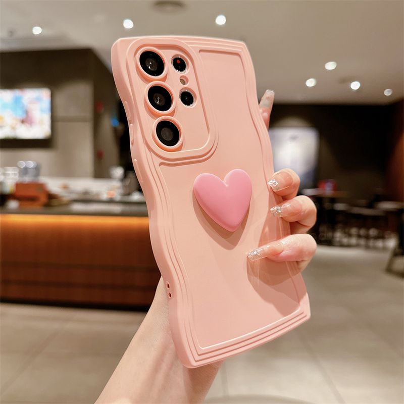 Cute 3D Love Heart Curly Wave Frame Case For Samsung S23 Ultra S22 Plus S21 S20 FE A53 A14 A52 A24 A54 Solid Color Silicon Cover_voghion.com