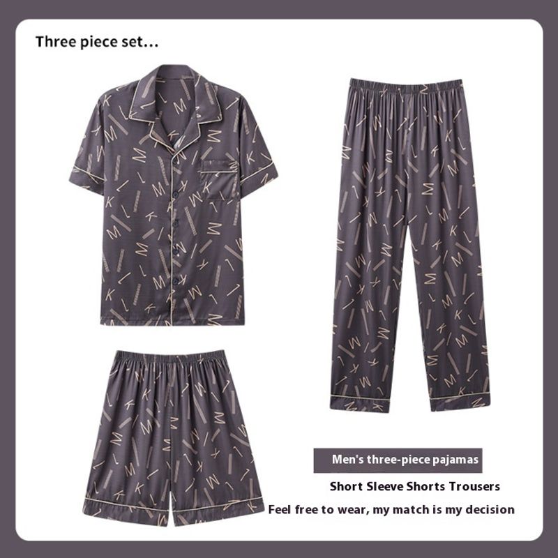 2024 New high-end pajamas,  ice silk three piece set, spring and summer short sleeved shorts, cardigan, men's home decor_voghion.com