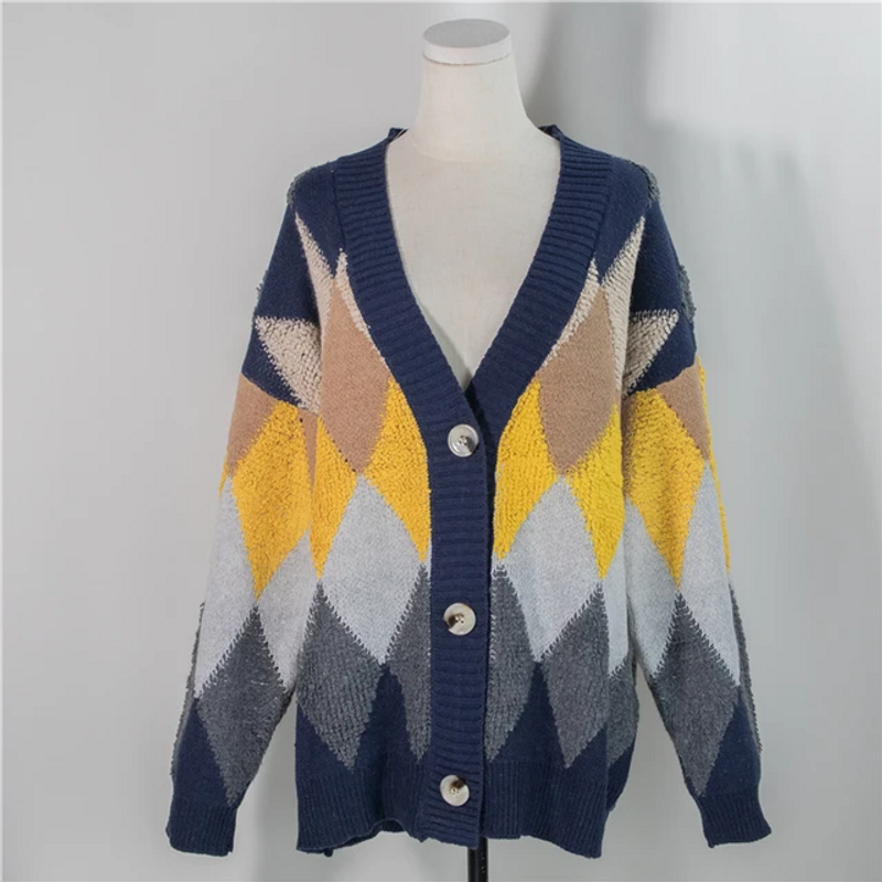 Colorfaith 2022 Plaid Chic Vesten Knop Bladerdeeg Mouw Geruit Oversized Dames Truien Winter Lente Trui Tops SW658_voghion.com