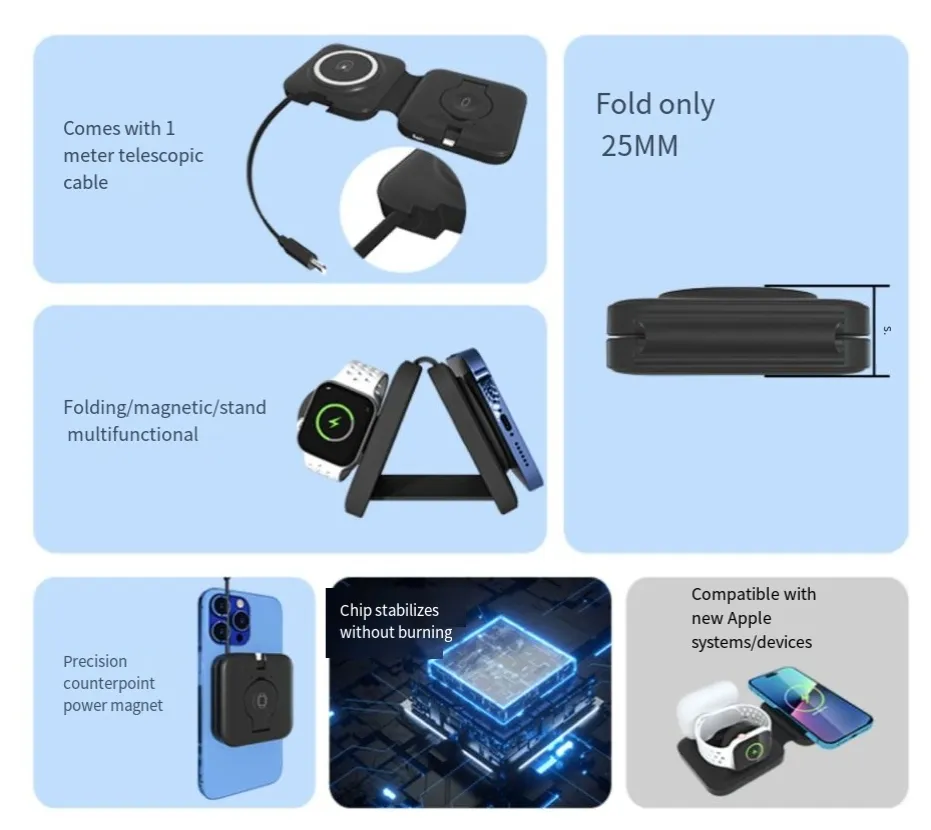 15 W trīs vienā bezvadu lādētājs, pārnēsājams, salokāms ar izvelkamu kabeli Apple magnētiskajam bezvadu lādētājam_voghion.com