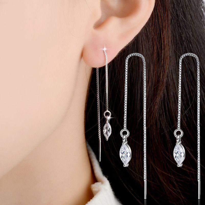 925 Sterling Silver Plated Waterdrop CZ Threader Dangle Drop Chain Earrings TH2_voghion.com