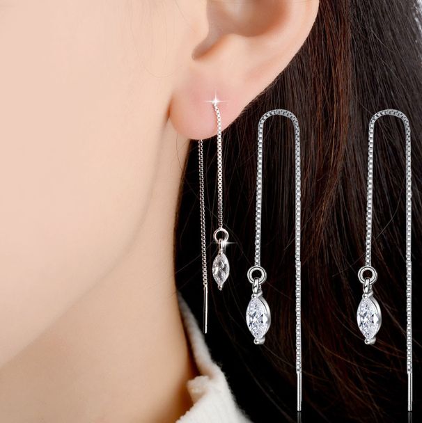 925 Sterling Silver Plated Waterdrop CZ Threader Dangle Drop Chain Earrings TH2_voghion.com